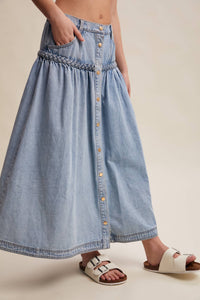Braided Waist Denim Maxi Skirt: Cloud Wash