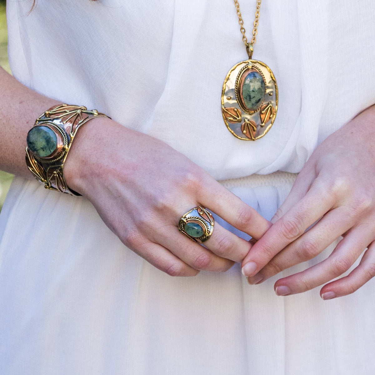 Mixed Metal and Moss Agate Stone Ring