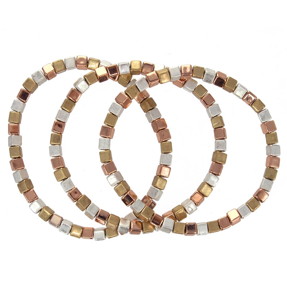 Three Row Cube Metallic Beaded Stretch Bracelet: Multi
