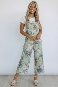 FLORAL PRINT LINEN OVERALL ROMPER WITH ELASTIC SHOULDER STRAPS: CHARCOAL/SAGE