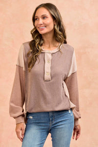 Amalias rib long sleeves top: CHOCO/TAUPE/PEANUT