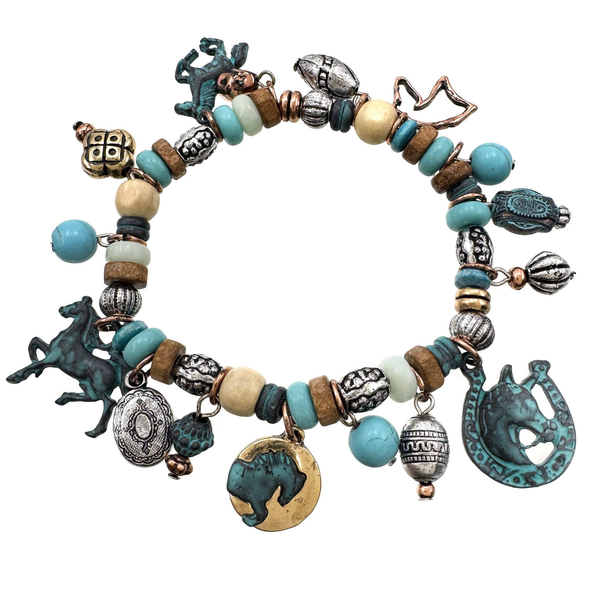 Western Horses Multi Charms Southwestern Stretch  Stamped Bracelet