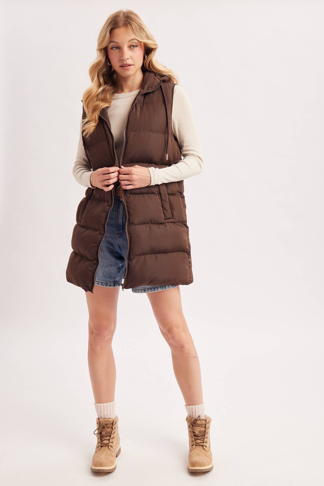 HOODED ZIPPER DOWN LONGLINE PUFFER VEST
