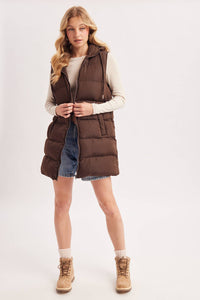 HOODED ZIPPER DOWN LONGLINE PUFFER VEST