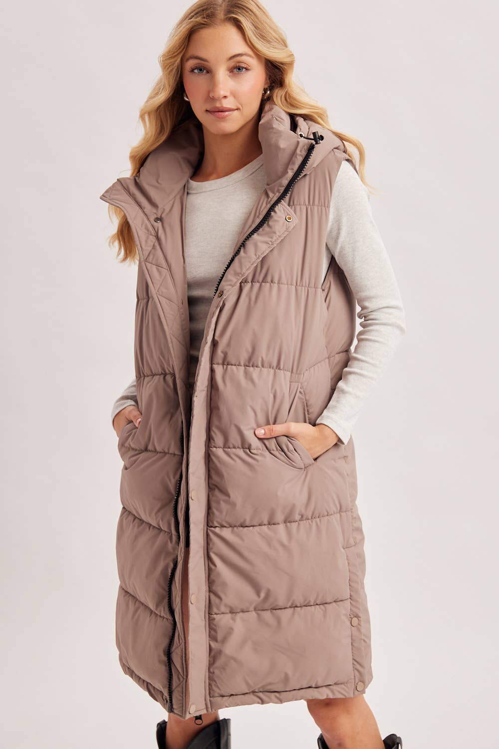 DETACHABLE HOOD ZIPPER LONGLINE QUILTED PUFFER VEST