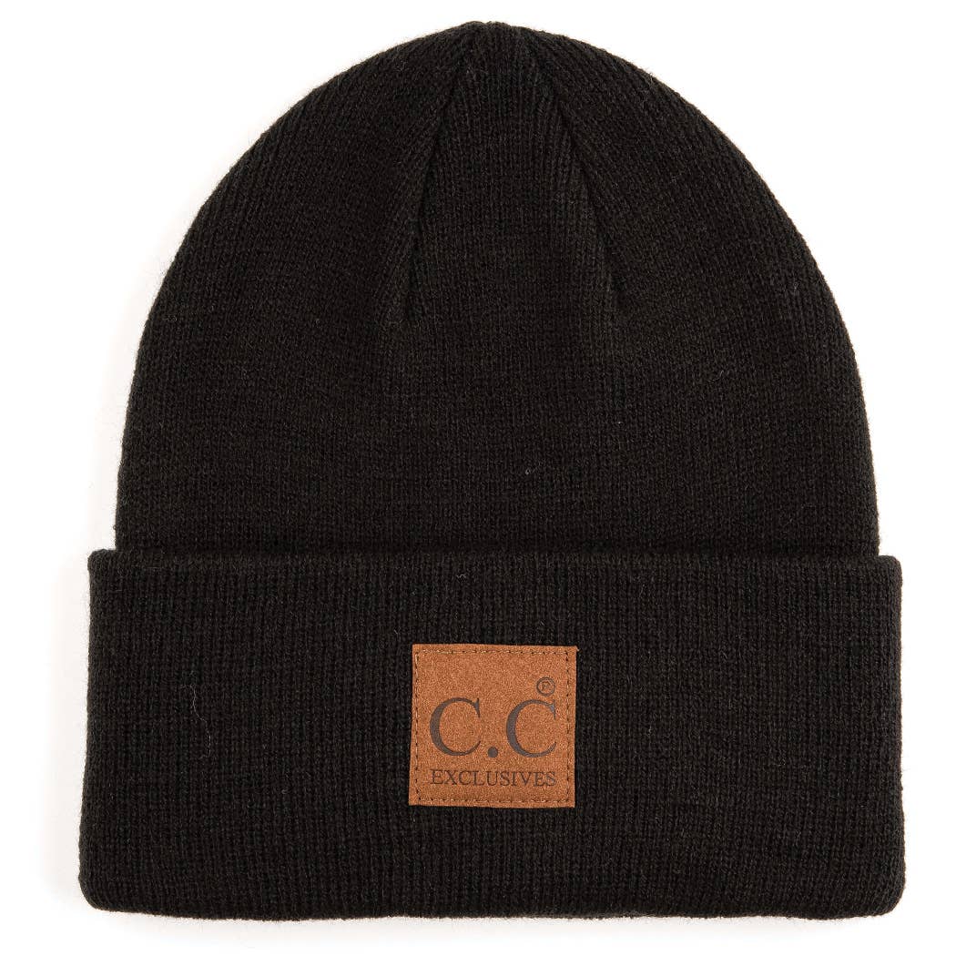 Classic Beanie Hat with Suede Logo Patch: BLACK