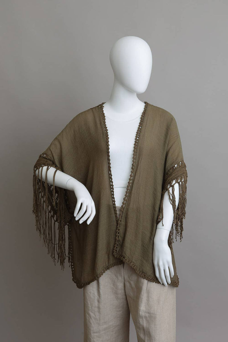 Festival-Ready Crochet Back Tasseled Kimono Jacket : Olive