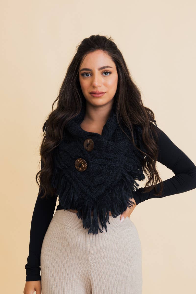 Heathered Shoulder Warmer Scarf With Coco Buttons: Black