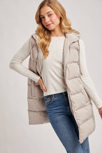 HOODED ZIPPER DOWN LONGLINE PUFFER VEST JACKET: CREAM