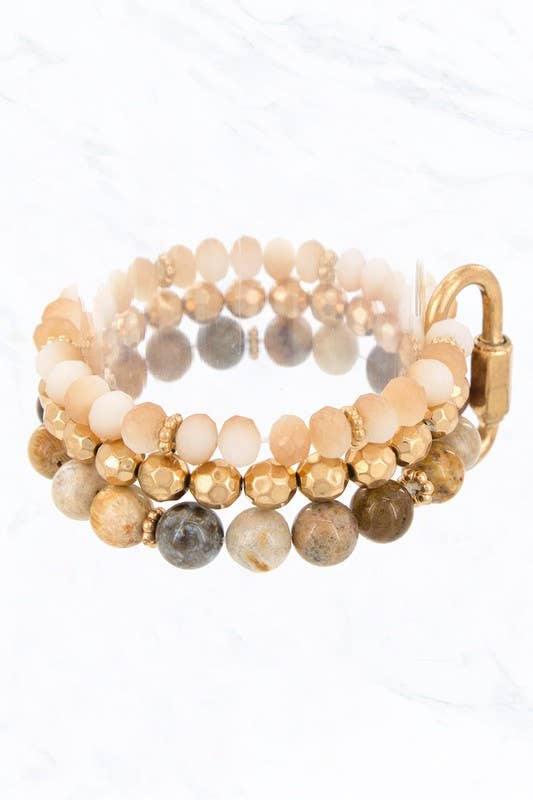 Stone and Metal Beaded Multi Stretch Bracelet: Natural