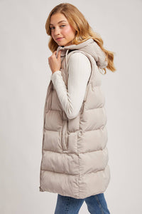 HOODED ZIPPER DOWN LONGLINE PUFFER VEST JACKET: CREAM