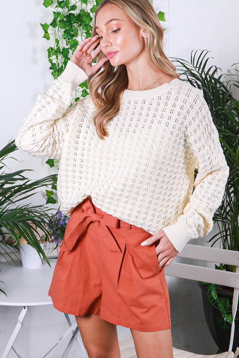 Crew Neck 100%Cotton Textured Crochet Knit Sweater: Cream