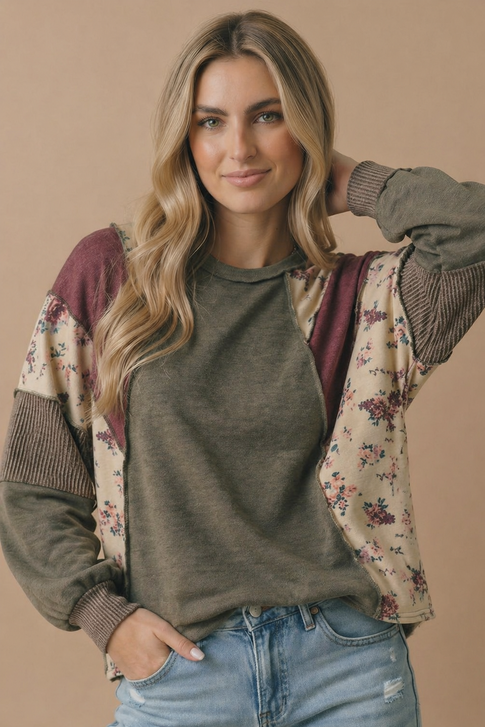 Mixed Media Patchwork Pullover Knit Top: OLIVE
