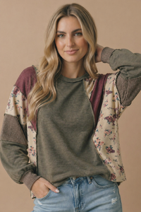 Mixed Media Patchwork Pullover Knit Top: OLIVE