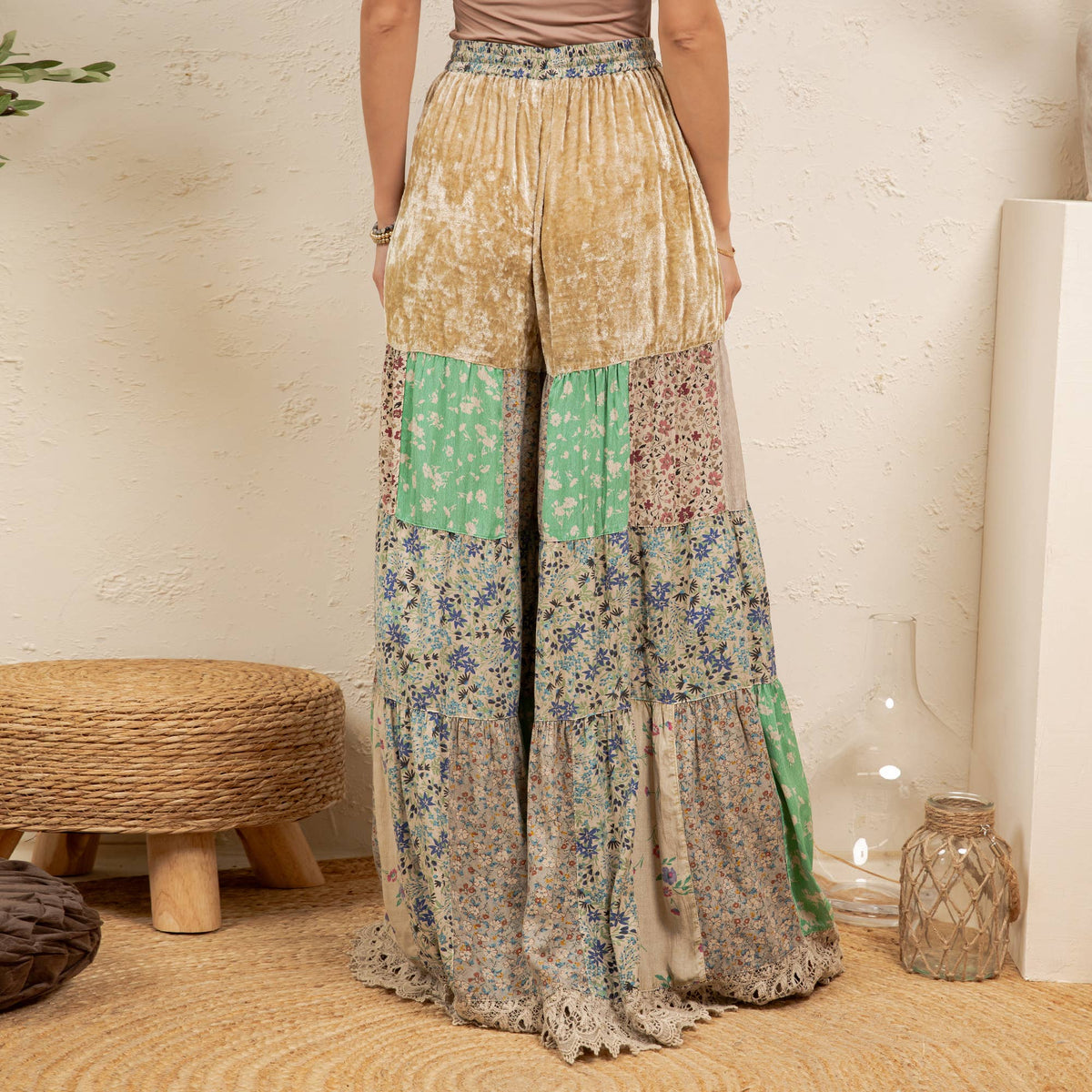 **Pre-Order: Will arrive August** Boho Tiered Patchwork Flare Pants Velvet Drawstring Waist