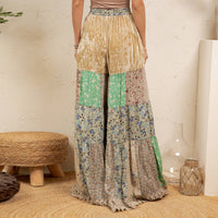 **Pre-Order: Will arrive August** Boho Tiered Patchwork Flare Pants Velvet Drawstring Waist