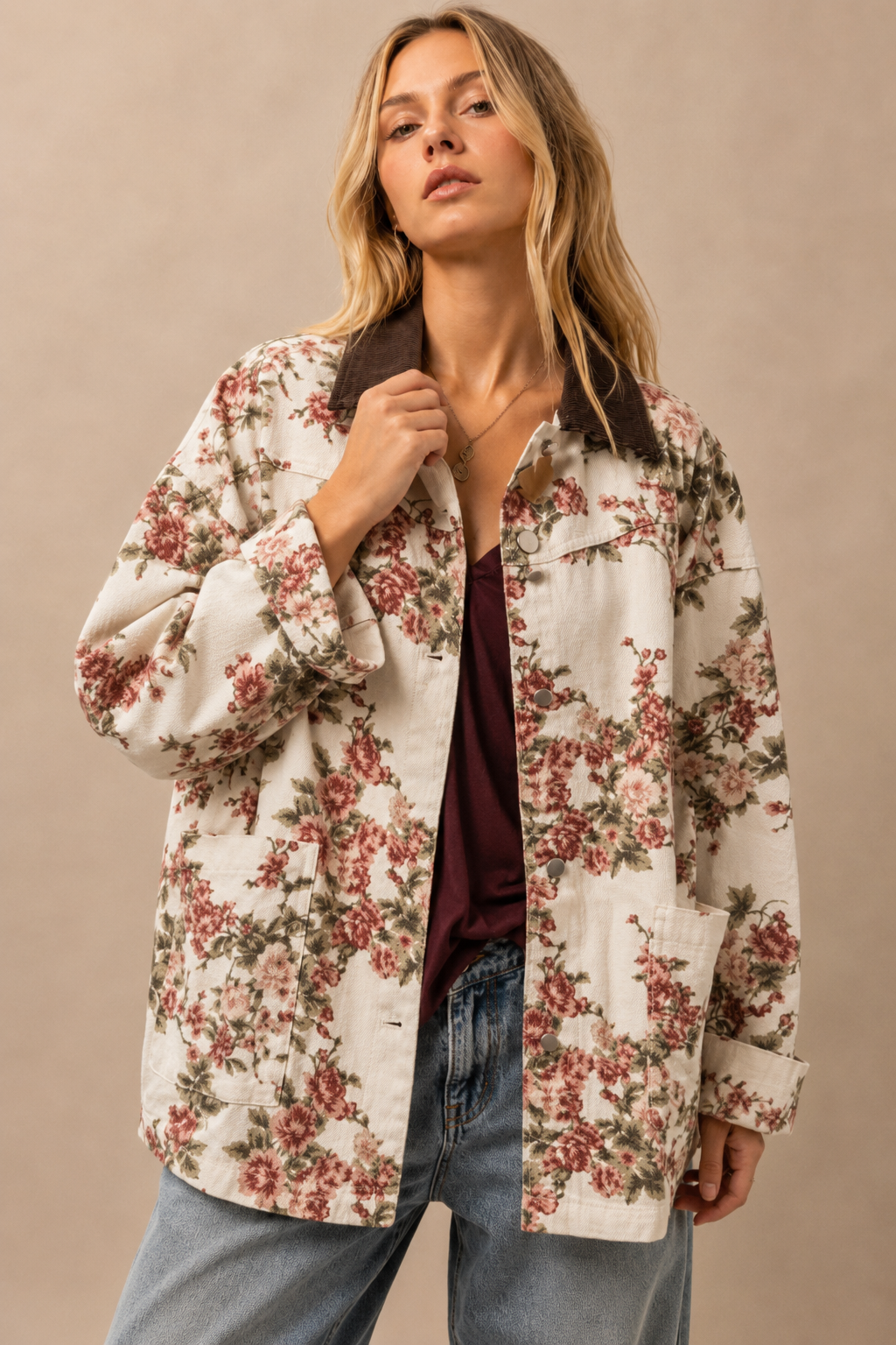 Vintage Floral Canvas Jacket with Corduroy Collar: CREAM FLORAL