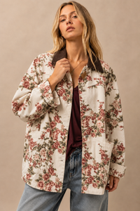 Vintage Floral Canvas Jacket with Corduroy Collar: CREAM FLORAL