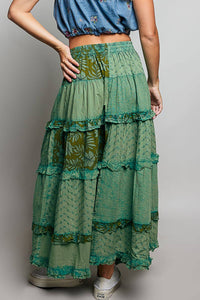 Boho Tie Waistband Patchwork Tiered Ruffle Maxi Skirt: OLIVE