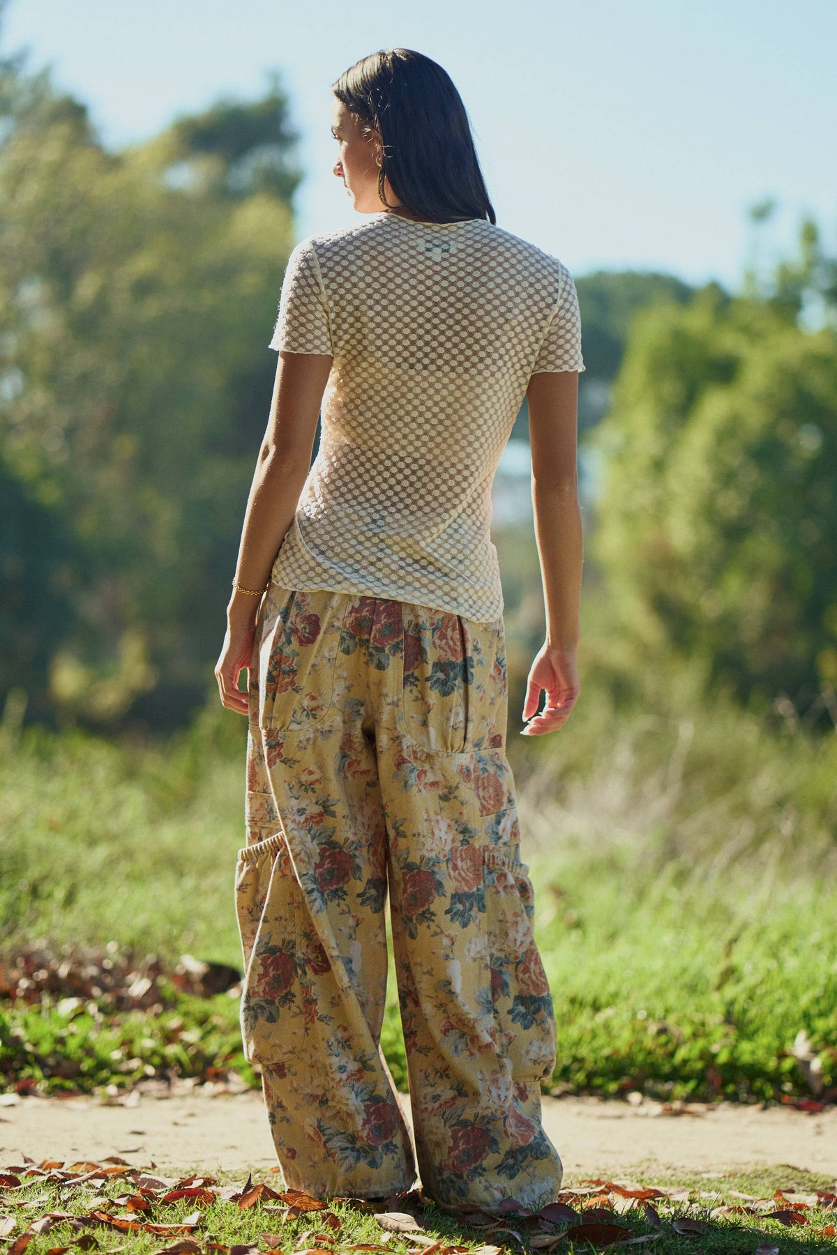 FLOWER PRINTED DENIM WAIST DROPPED POCKETS PANT: Yellow