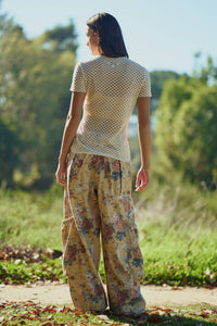 FLOWER PRINTED DENIM WAIST DROPPED POCKETS PANT: Yellow