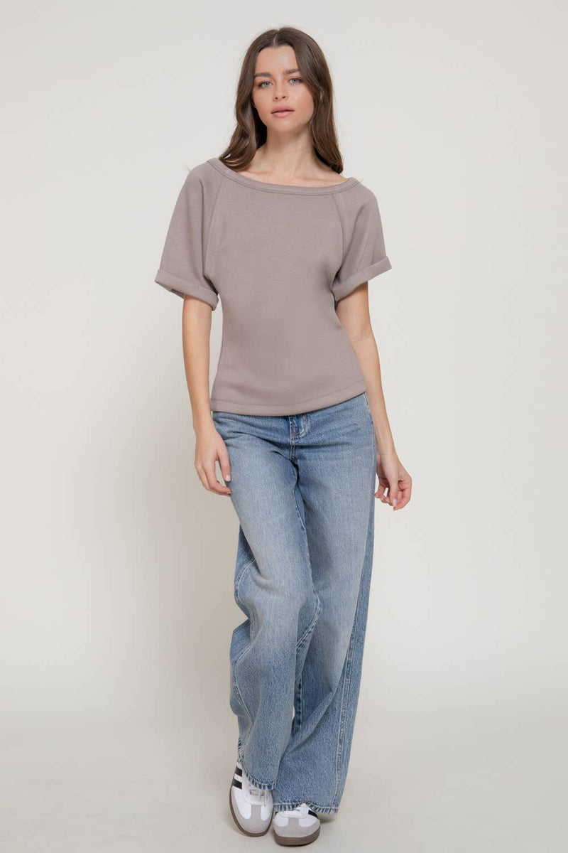 Elbow Sleeve Off The Shoulder Soft Modal Scuba  Blouse : taupe