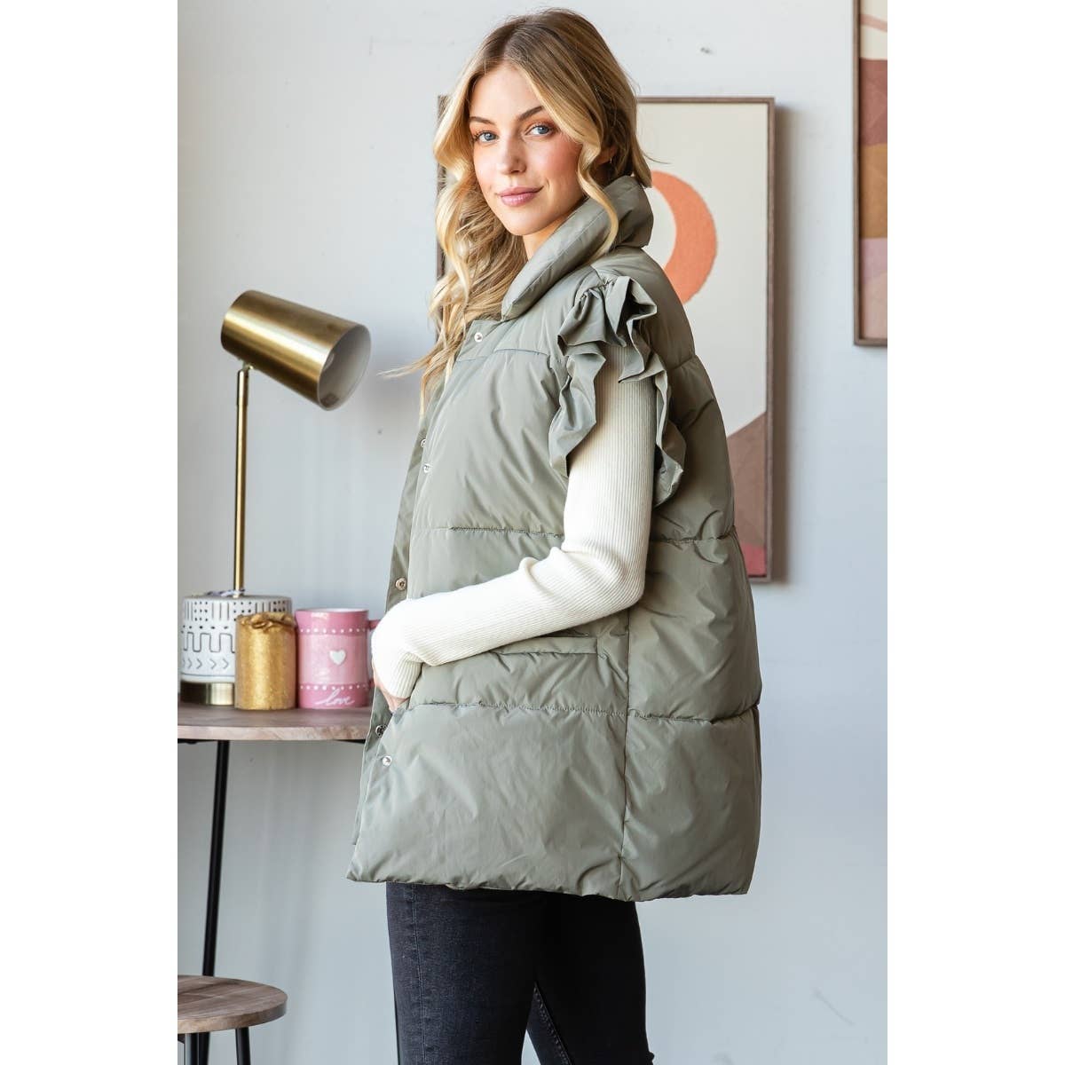 Ruffle Short Sleeve Padded Vest: Olive