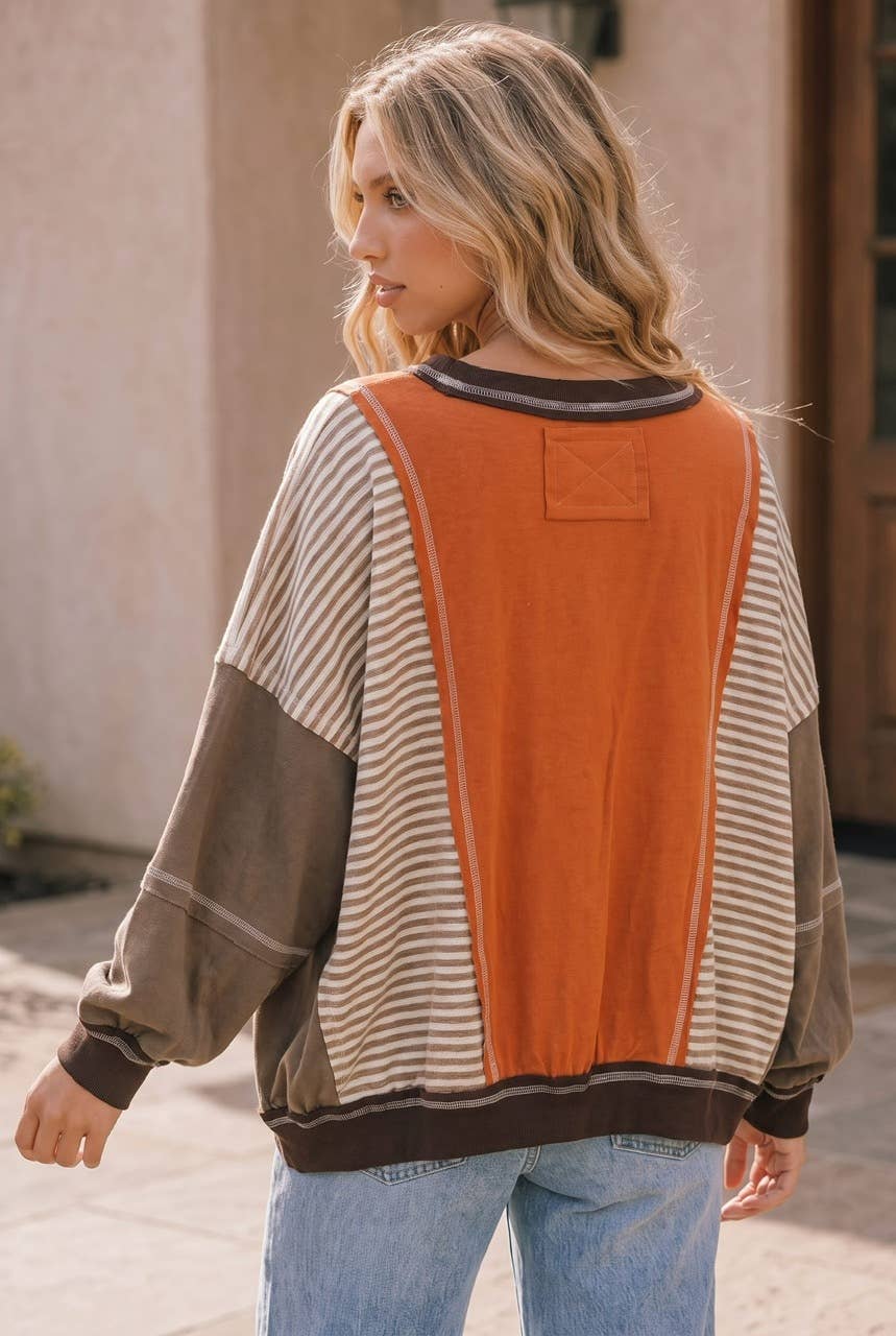 Relaxed Fit Color Block Pullover Sweater long sleeve