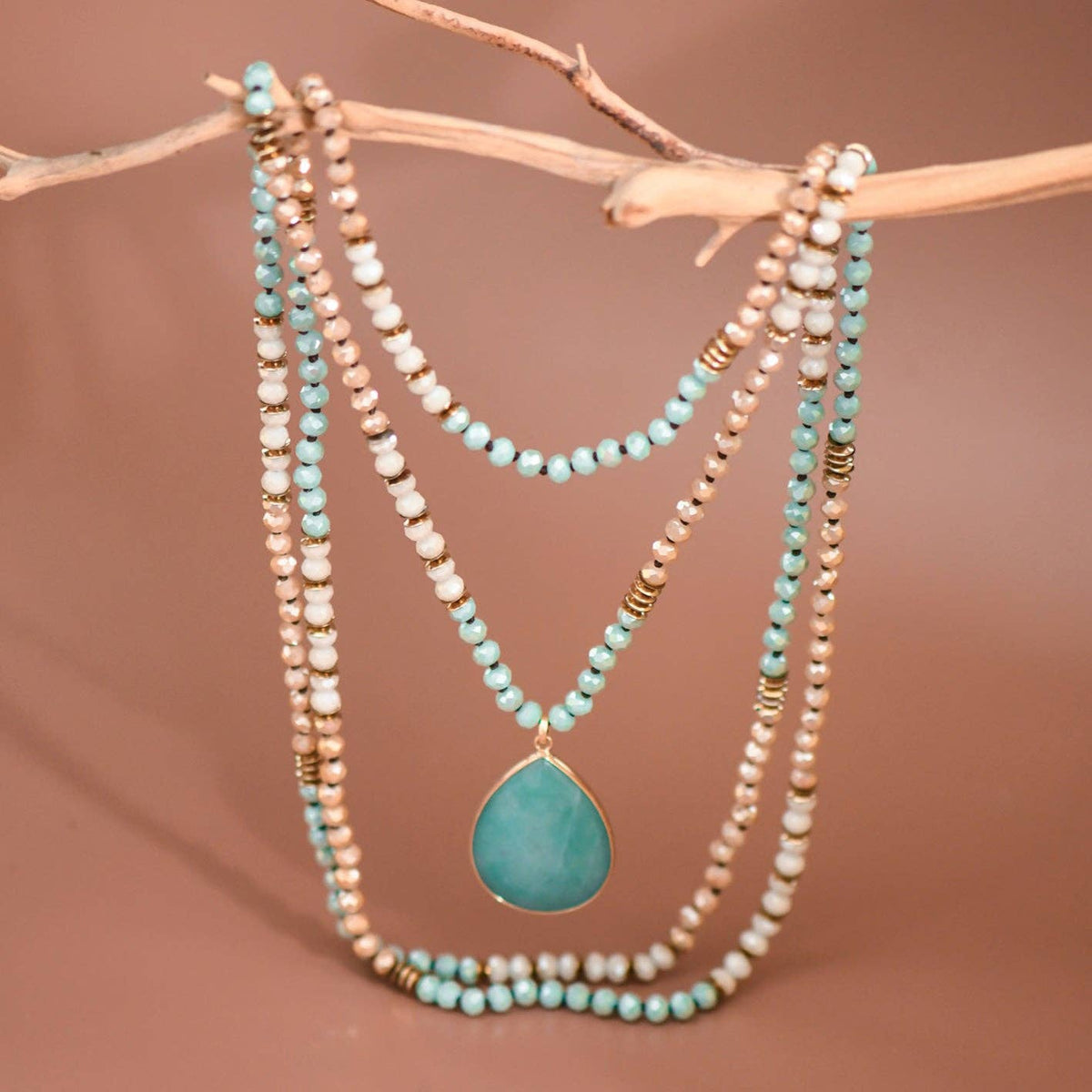 Boho Mixed Glass Bead Wrap Necklace, Natural Stone Drop Pendant
