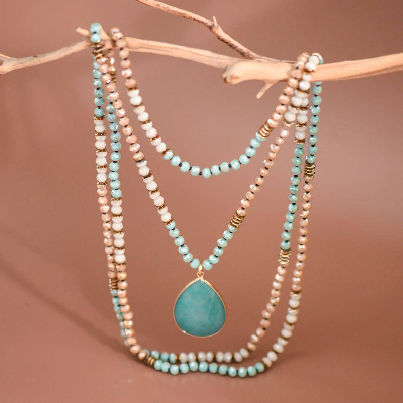 Boho Mixed Glass Bead Wrap Necklace, Natural Stone Drop Pendant
