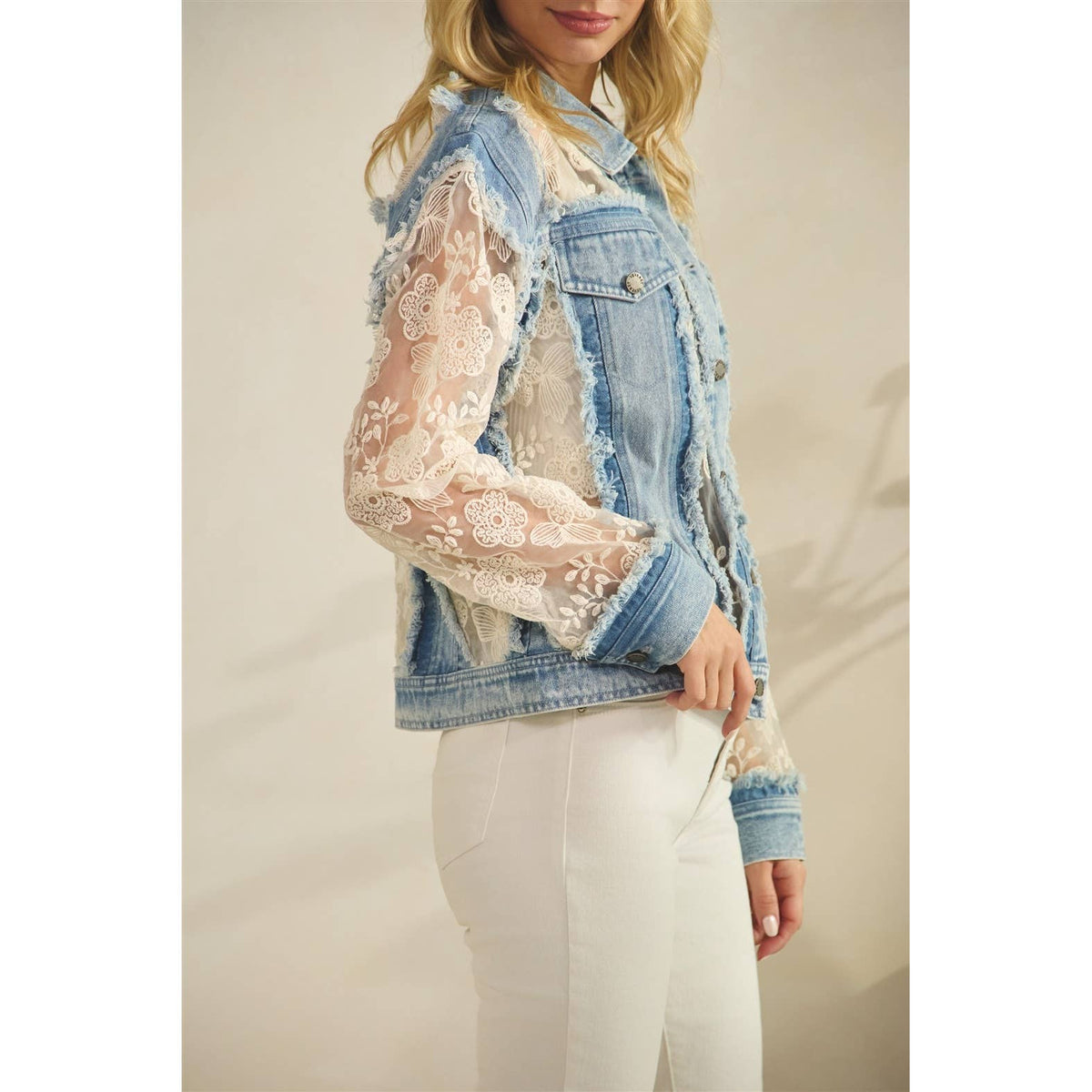 Denim Jacket with Floral Organza Inset: Med Wash