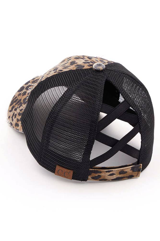 C.C Washed Denim with Crossed Elastic Band Mesh Pony Cap: Leopard