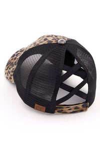 C.C Washed Denim with Crossed Elastic Band Mesh Pony Cap: Leopard