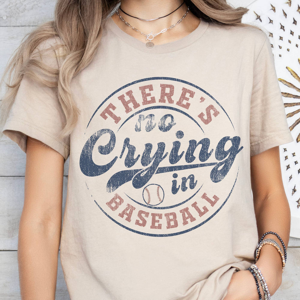 There's No Crying in Baseball Sport Ballpark Graphic Tee: Beige