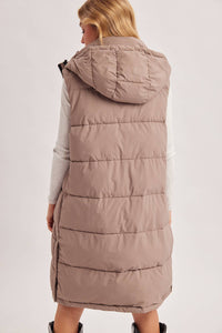 DETACHABLE HOOD ZIPPER LONGLINE QUILTED PUFFER VEST