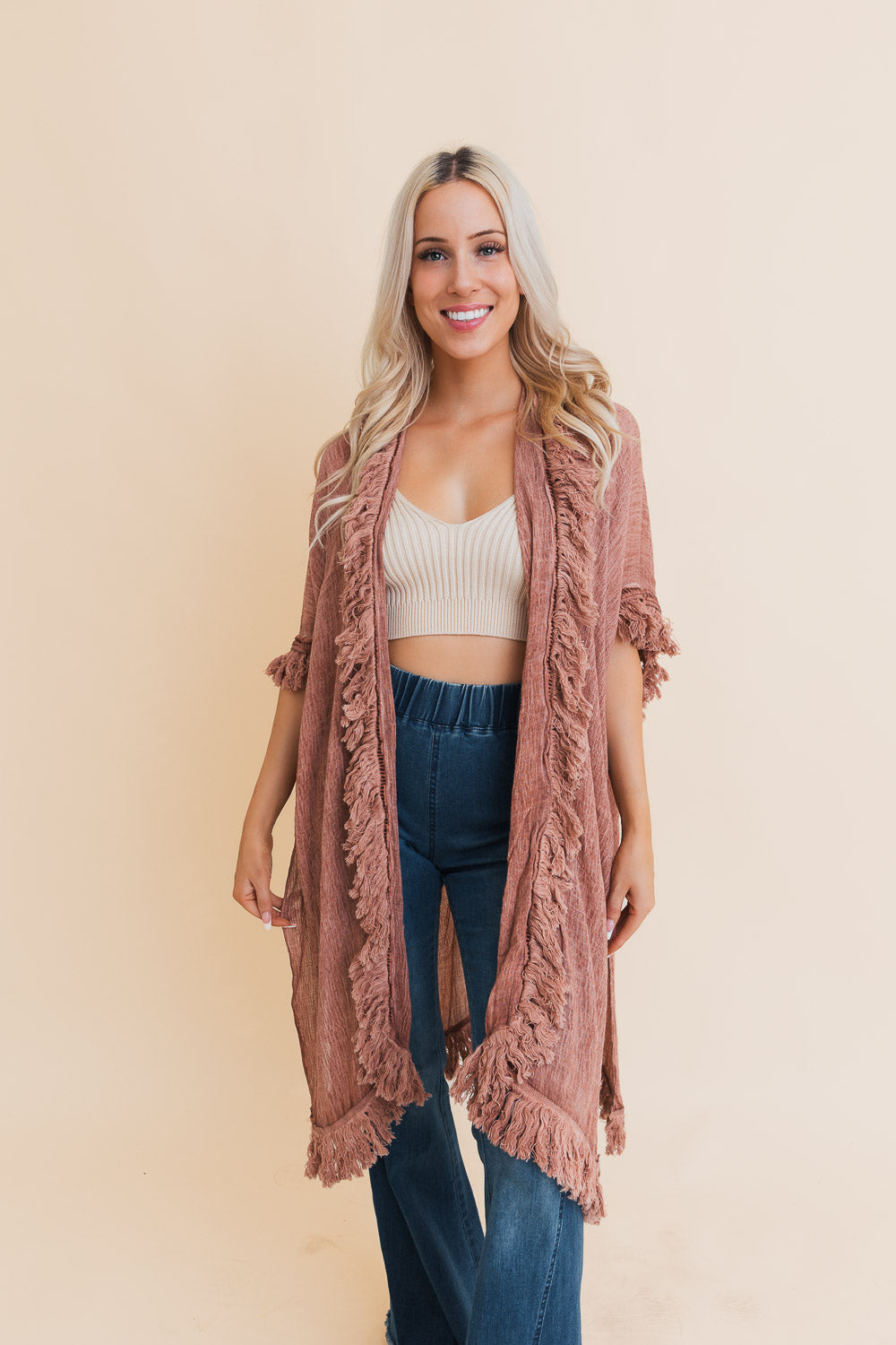 Boho Fringe Kimono in Rosewood