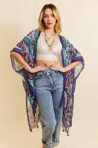 Paisley Print Open Front Kimono w/ Cinched Arms: Teal