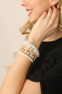 Charm Mix Bead Natural Stone Wood Layered Stackable Bracelet: White