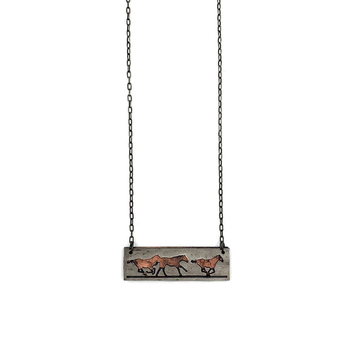 Pewter Necklace - Running Horses in Rectangle