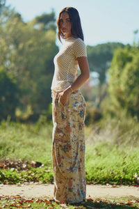 FLOWER PRINTED DENIM WAIST DROPPED POCKETS PANT: Yellow