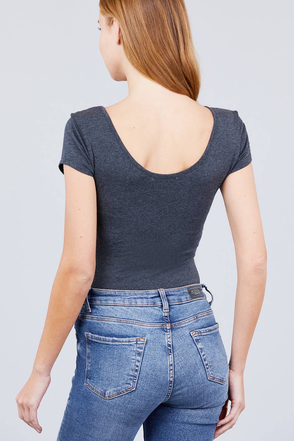Solid Short Sleeve Scoop Neck Bodysuit Blouse : Charcoal Grey