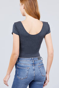 Solid Short Sleeve Scoop Neck Bodysuit Blouse : Charcoal Grey