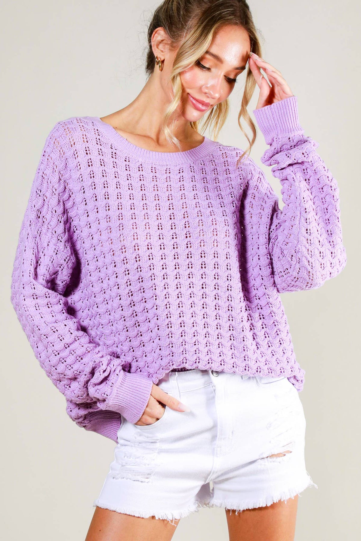 Crew Neck 100%Cotton Textured Crochet Knit Sweater: Lavender