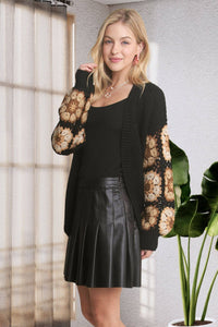 CROCHET SLEEVE SWEATER CARDIGAN: BLACK