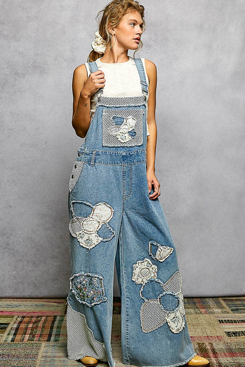 Embroidery Floral Patchwork Buckle Back Woven Denim Overalls / Romper / Pants : DENIM MULTI