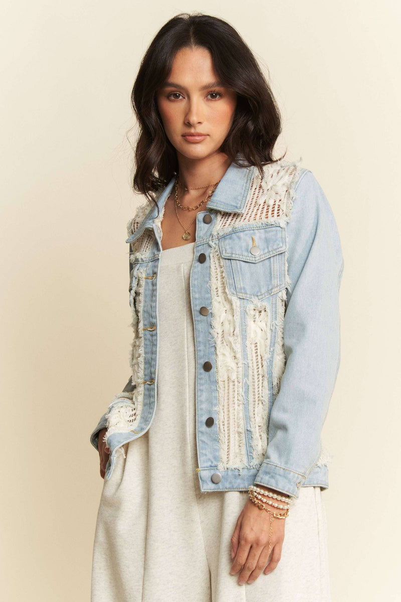 FRAYED LACE PANEL DENIM JACKET: Light Denim