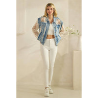Denim Jacket with Floral Organza Inset: Med Wash