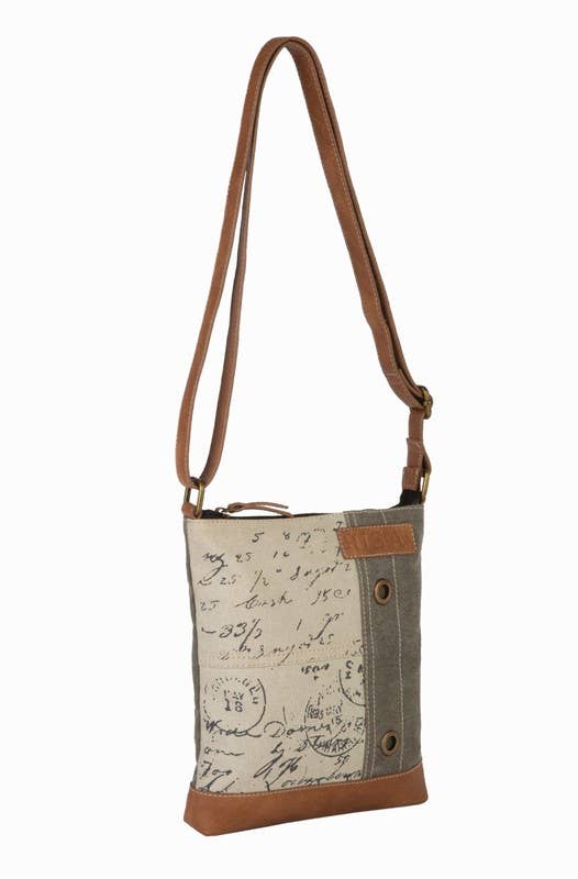 Vintage Script Up-Cycled Canvas Crossbody Purse
