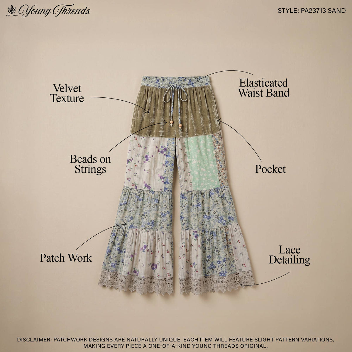**Pre-Order: Will arrive August** Boho Tiered Patchwork Flare Pants Velvet Drawstring Waist