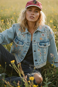 Floral Embroidery Lace Trim Denim Jacket: DENIM